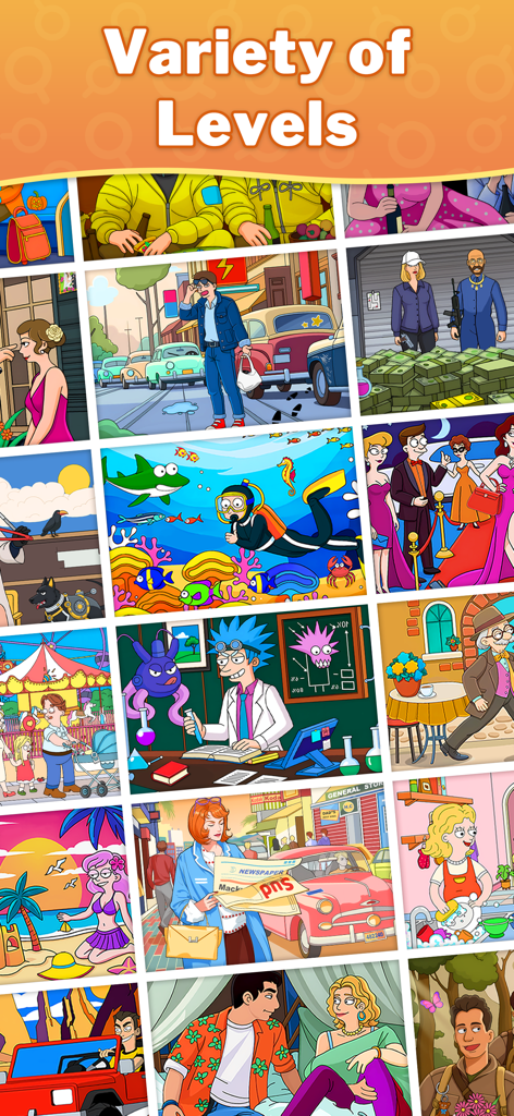 Una cuadrícula colorida que muestra varios niveles de ilustración de dibujos animados para el juego móvil Diferencias - Encuentra y Distingue