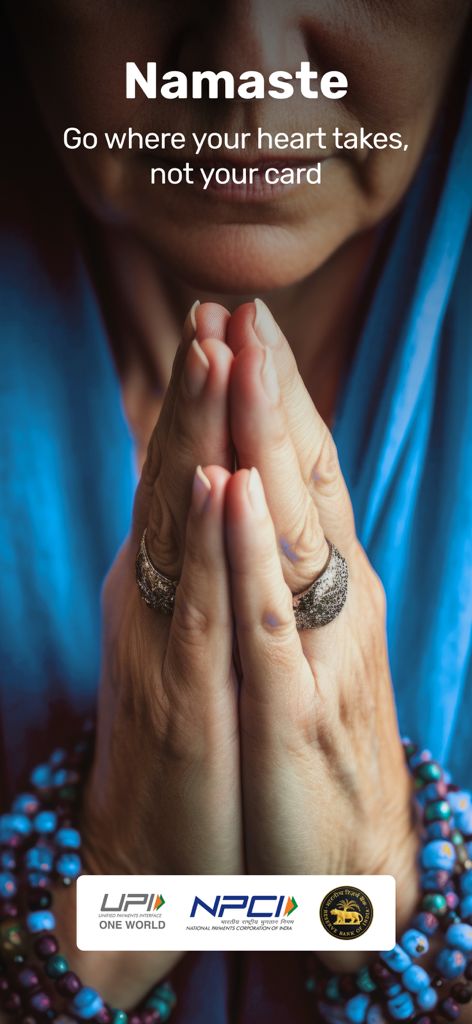 Mony app screen showing a traditional Namaste greeting with the text Go where your heart takes not your card and official UPI logos.