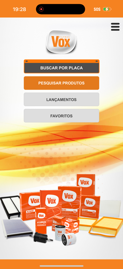 Main menu of the Filtros Vox app showing search options for automotive and industrial filters
