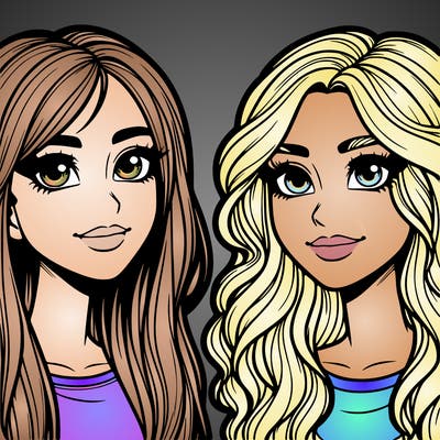 realistic two freinds girls both with blonde hair and brown eyes both hve noses one with straight hair and on with wavy hair realistic