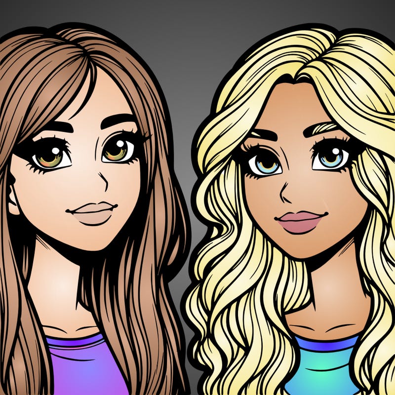 realistic two freinds girls both with blonde hair and brown eyes both hve noses one with straight hair and on with wavy hair realistic
