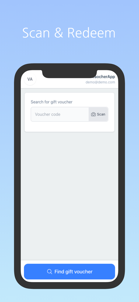VaocherApp - Tela móvel do VaocherApp para escanear e resgatar vouchers de presente digitais, com barra de pesquisa de código de voucher e botão de scan