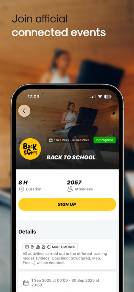 Kinomap: Bike, Run, Row - Interface of Kinomap app displaying an official connected event for indoor running and cycling.