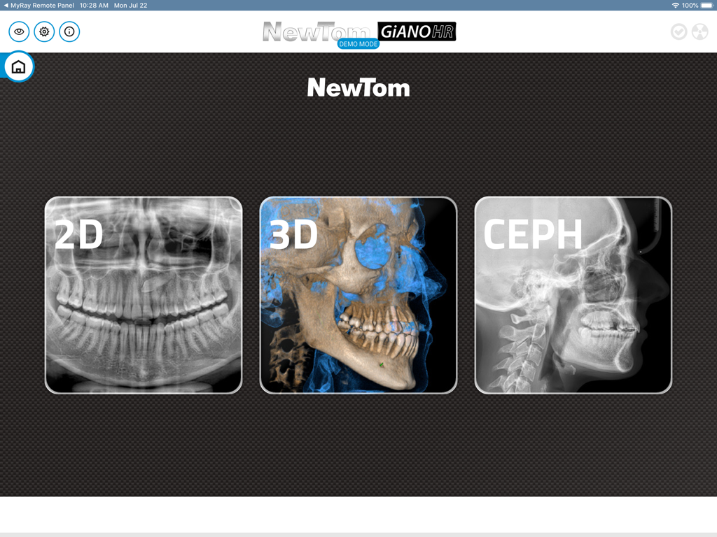 Menu principal do aplicativo NewTom Control Pad mostrando botões de seleção para imagem odontológica 2D, 3D e CEPH