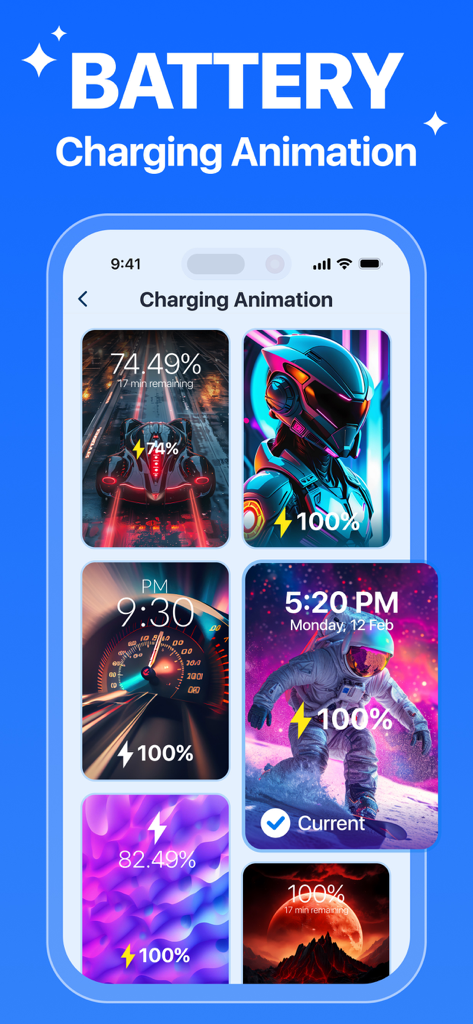 Un menú de animaciones coloridas de carga de batería para iPhone que incluyen temas espaciales y futuristas.