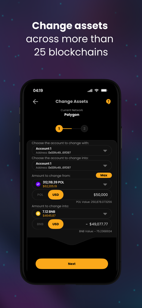 Internet Money - Crypto Wallet - Interface of Internet Money crypto wallet showing a cross-chain swap between Polygon and BNB tokens across multiple blockchains.