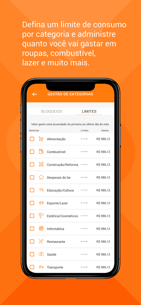 Cresol Cartões - Tela do aplicativo Cresol Cartoes para gerenciar limites de gastos e rastrear despesas por categoria