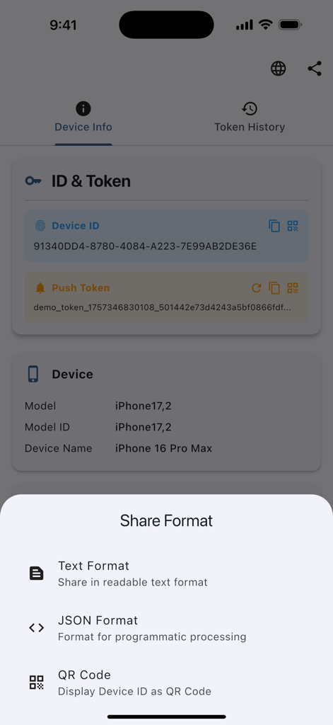 Identifier & APNs Push Token - Una interfaz móvil que muestra opciones para compartir identificadores de dispositivo y tokens push APNs, incluidos formatos de texto, JSON y código QR.