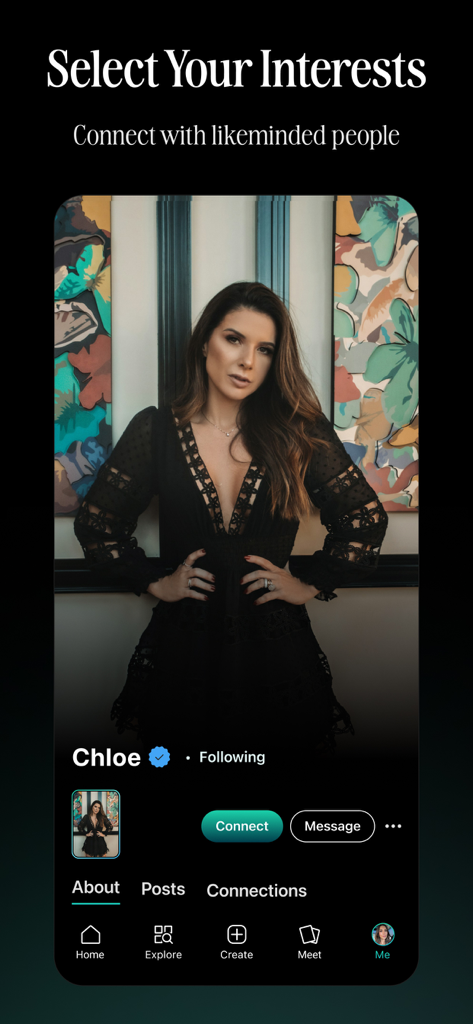 Belong - Meet New People - Perfil de usuário verificado no aplicativo de rede social Belong mostrando um selo azul e opções para se conectar.