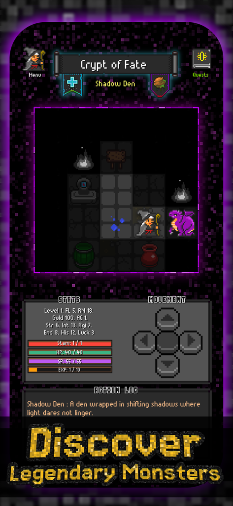 Adventure To Fate: Dungeons - Gameplay screenshot of Adventure To Fate: Dungeons showing a character encountering a dragon in a pixel art dungeon.