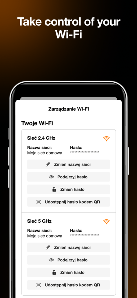 Mój Orange - Pantalla de smartphone de la aplicación Mój Orange que muestra la configuración de gestión de Wi-Fi para redes de 2.4 GHz y 5 GHz.