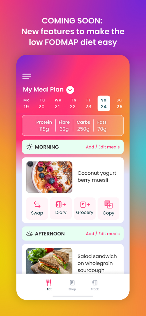 Tummily: Gut & IBS Tracker - Tummily app showing a low FODMAP daily meal plan with macronutrient tracking and healthy recipe suggestions.