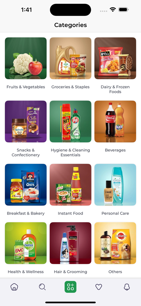 Vijetha Online App - Categories screen of the Vijetha Online App displaying various grocery and household sections