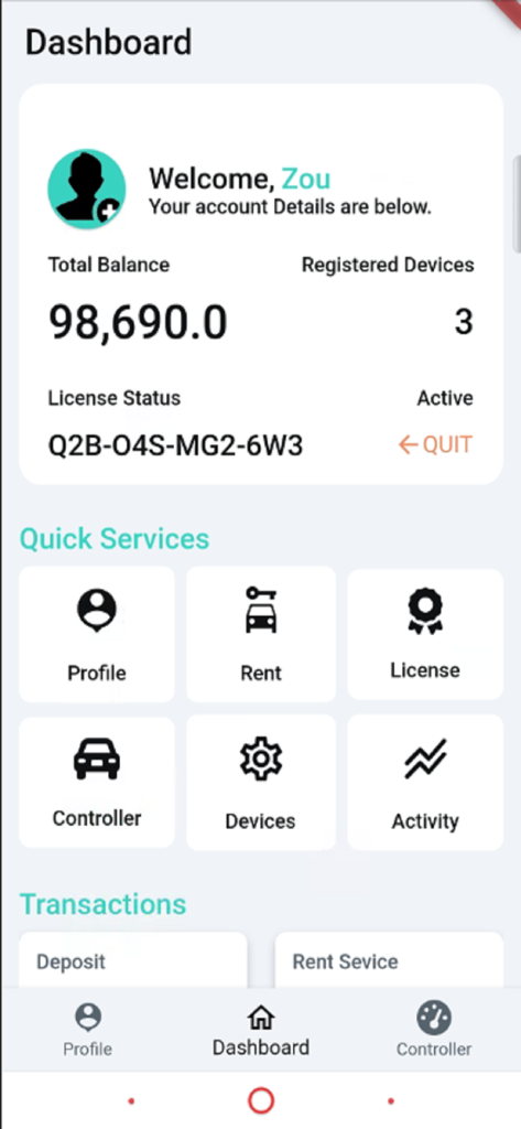 Interface du tableau de bord de l'application Aslaa montrant le solde du compte et les icônes de service