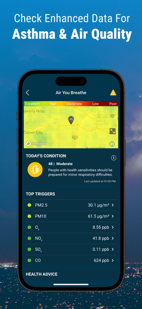 WeatherBug: Weather Forecast - Pantalla de la aplicación WeatherBug mostrando el índice de calidad del aire y el mapa de desencadenantes de salud respiratoria