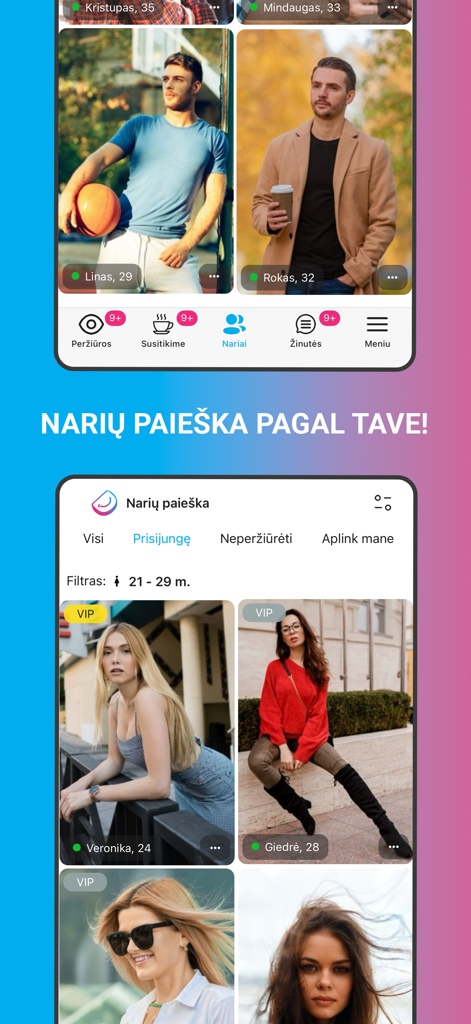 User profiles and search interface on the Draugas.lt dating application