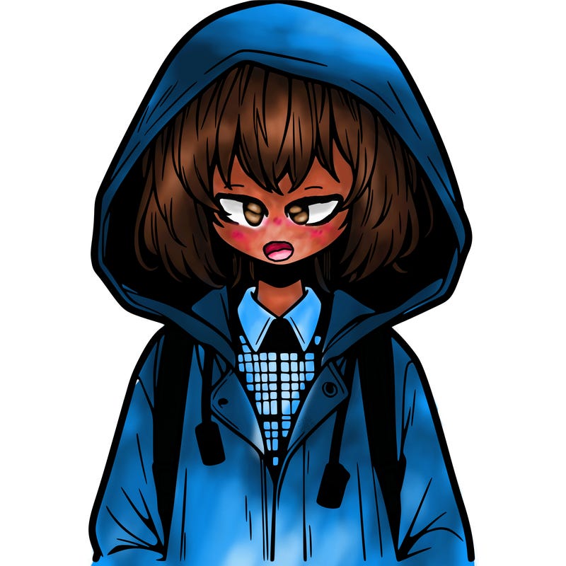 little anime girl in a raincoat her hair is covering her eyes she has a lighter
