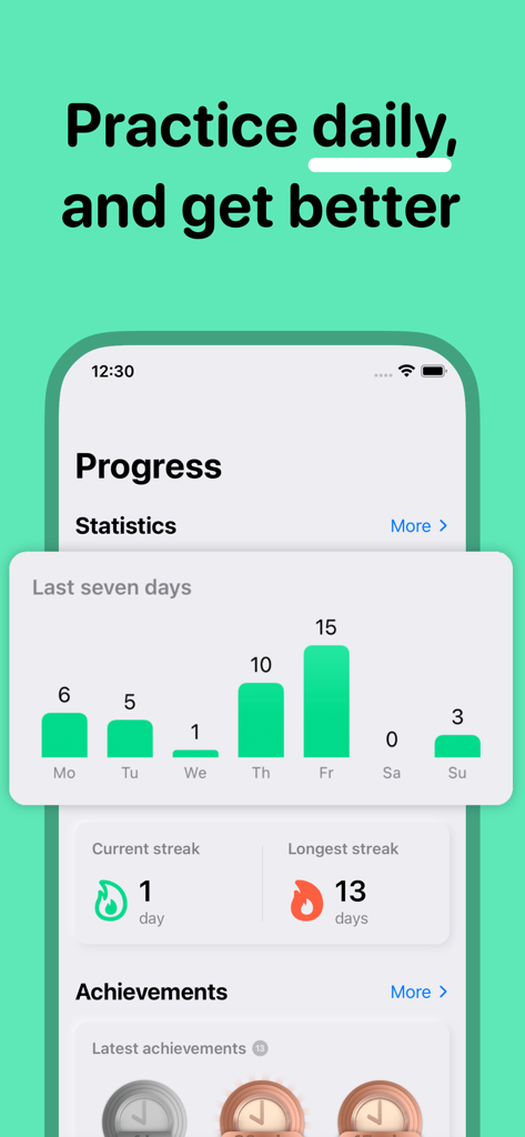 Panel de progreso de la aplicación FastMath que muestra estadísticas semanales, rachas diarias y logros.