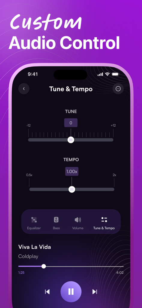 Custom audio control interface with tune and tempo sliders