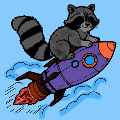 realistic raccoon flying on top rocket ship