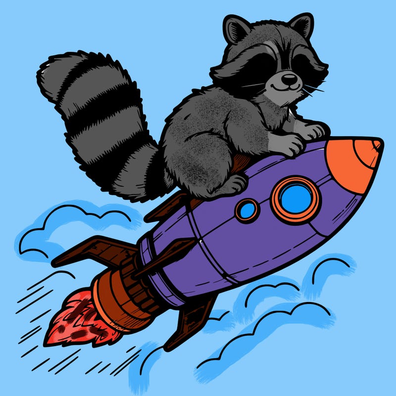 realistic raccoon flying on top rocket ship