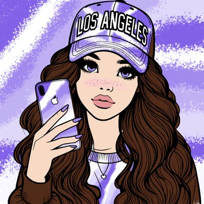 realistic beautiful girl wearing los ángeles cap holding an iphone