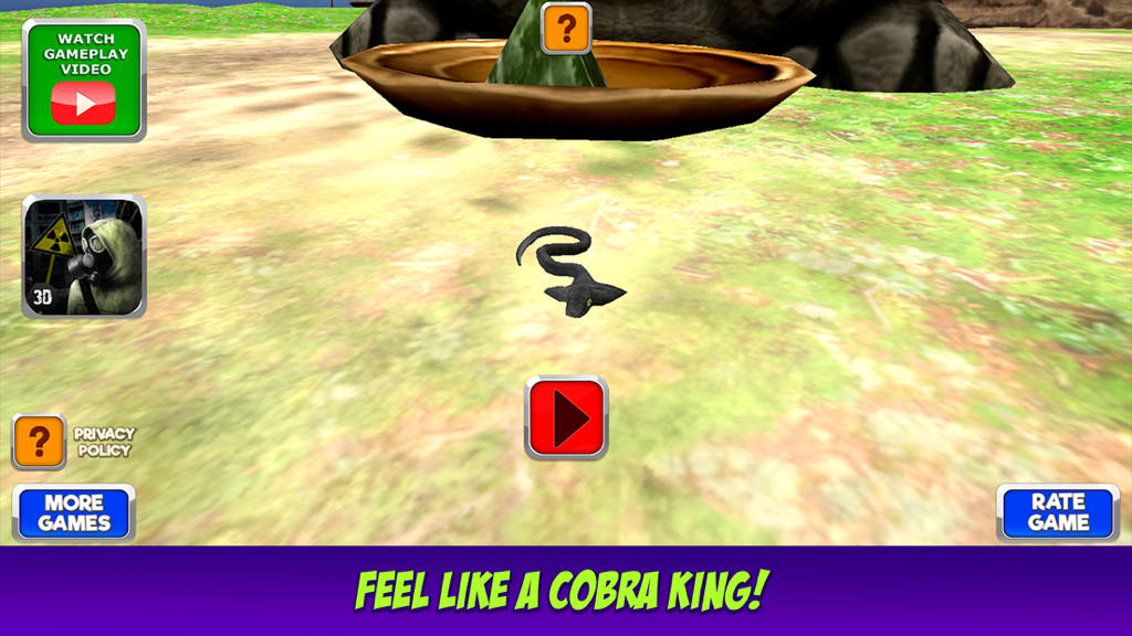 King Cobra Snake Survival Simulator 3D - Main menu screen for King Cobra Snake Survival Simulator 3D featuring a black cobra snake and navigation buttons.
