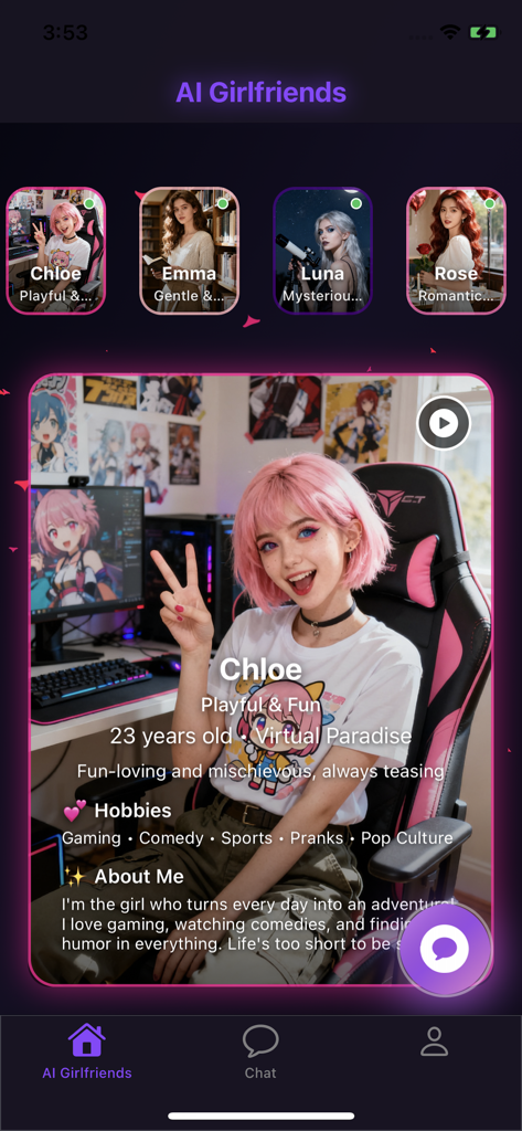 Muva - AI Romance & Friends - Interfaz que muestra el perfil de Chloe, un personaje de IA en la aplicación de romance Muva