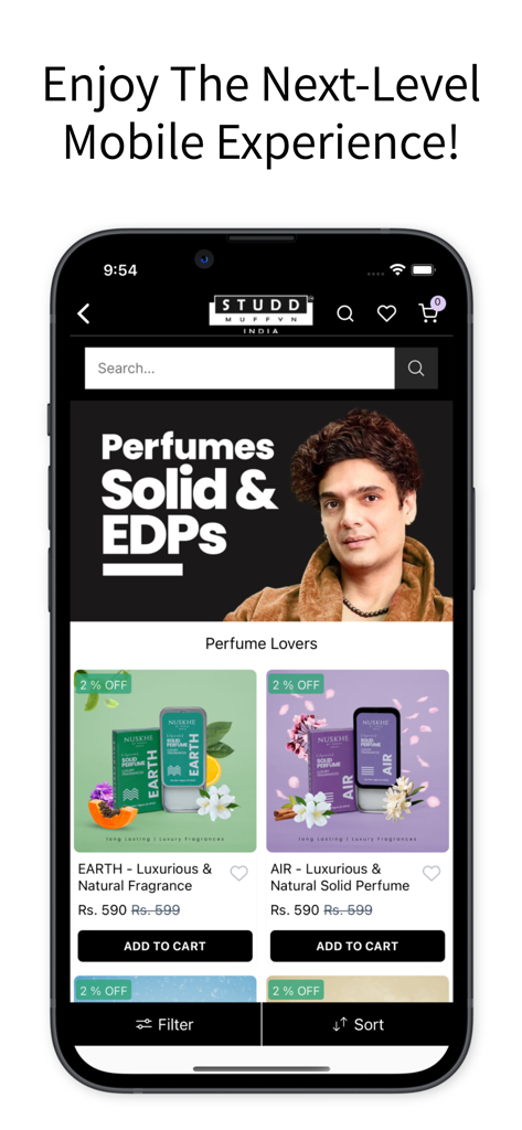 Studd Muffyn - Studd Muffynのモバイルアプリインターフェース。高級ソリッドパフュームとナチュラルフレグランスが表示されています。