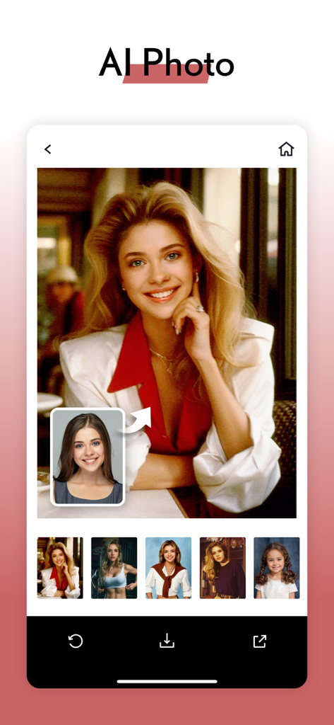 LOOX App AI Photo-Bildschirm, der ein Selfie zeigt, das in ein Porträt im 90er Jahre Retro-Jahrbuchstil verwandelt wurde