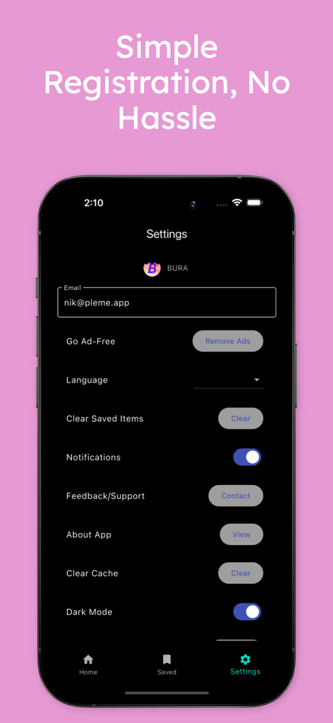 Écran des paramètres de l'application d'actualités BURA montrant les préférences de l'utilisateur et les options d'enregistrement en mode sombre.