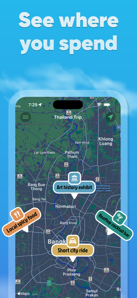Vista mappa dell'app TripBudgy che mostra i segnaposto per cibo, attrazioni e spese di trasporto a Bangkok
