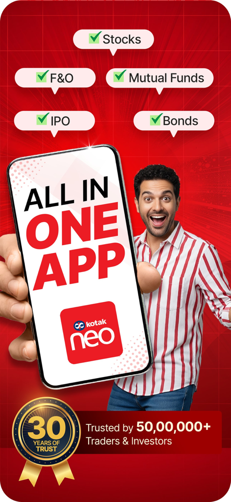 Kotak Neo all-in-one stock market trading and investment app showing stocks F&O and mutual funds options