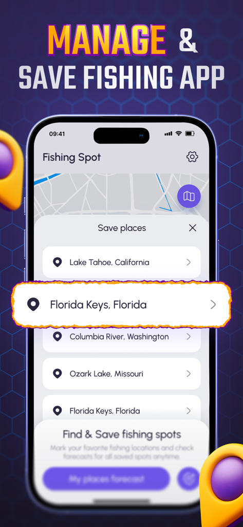 Fishing Spot Finder: Fish Mate - Eine mobile App-Oberfläche, die eine Liste von gespeicherten Angelplätzen anzeigt, darunter Lake Tahoe und die Florida Keys