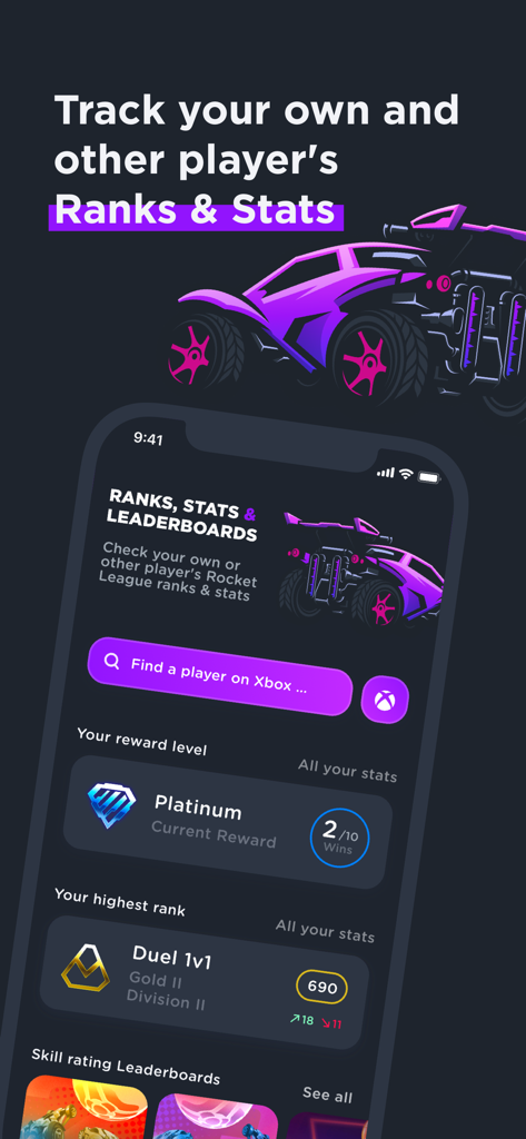 A mobile interface for RL Garage showing Rocket League player ranks stats and leaderboards