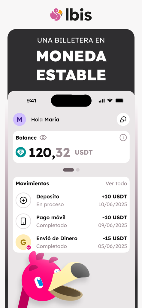 Ibis - Panel de la aplicación Ibis mostrando el saldo de USDT y el historial de transacciones financieras