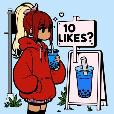 girl with oversized hoodie drinking boba and she has a high ponytail with a sign that says 10likes?