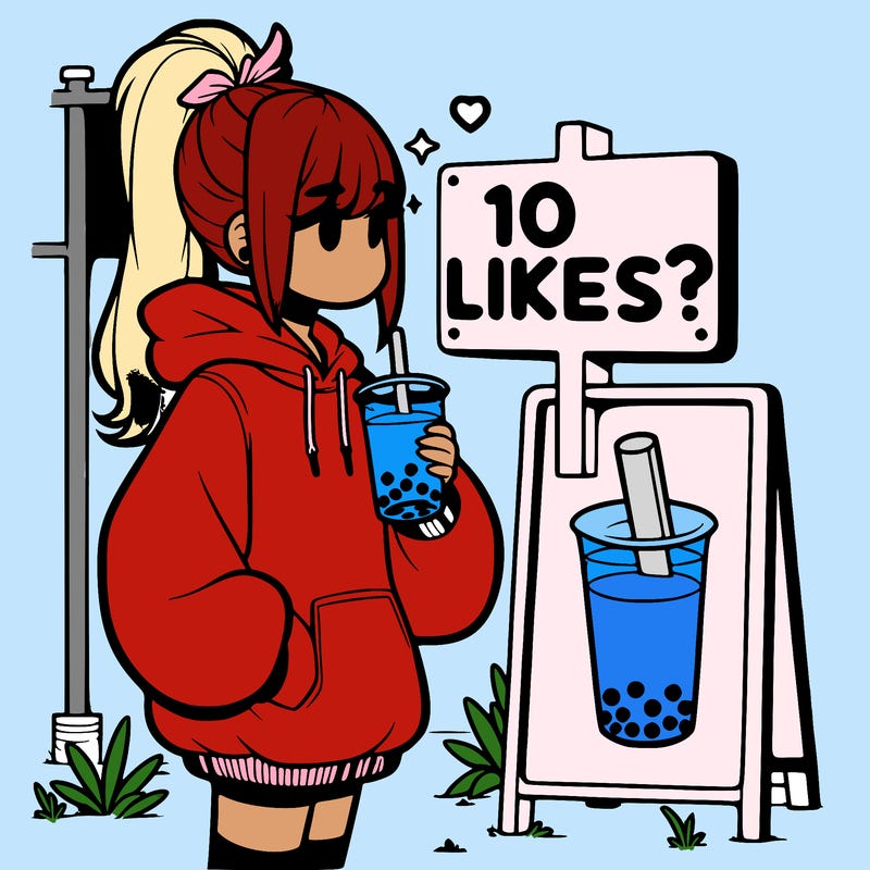 girl with oversized hoodie drinking boba and she has a high ponytail with a sign that says 10likes?