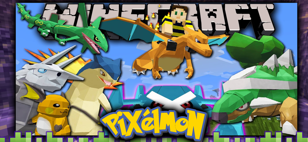 Pixelmon Addons - Minecraft PE - Various Pixelmon creatures and a Minecraft character in a blocky game world
