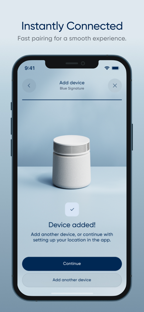 A smartphone screen showing the Blueair app interface with a successfully paired air purifier and the text Instantly Connected.