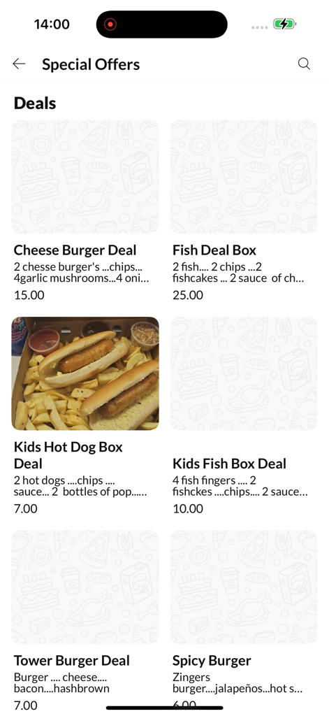 Willy's Plaice - Écran des offres spéciales dans l'application Willys Plaice montrant diverses offres de nourriture, y compris des hamburgers et des boîtes de poisson