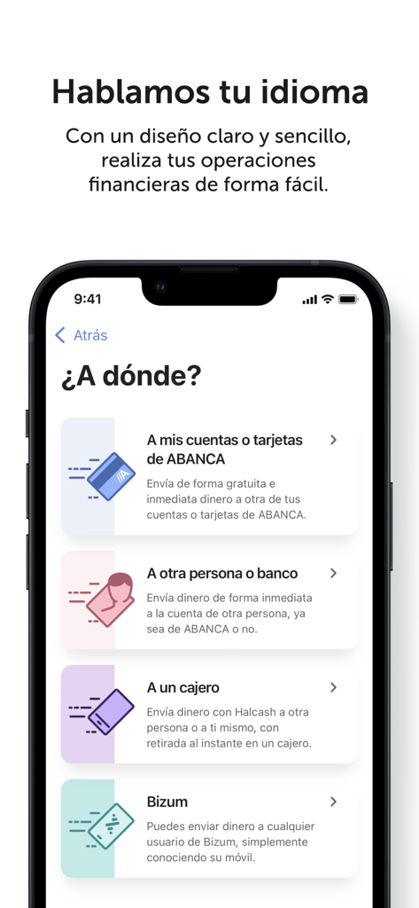 ABANCA - Mobile Banking - ABANCA mobile banking app interface showing money transfer options like Bizum and ATM withdrawals in Spanish