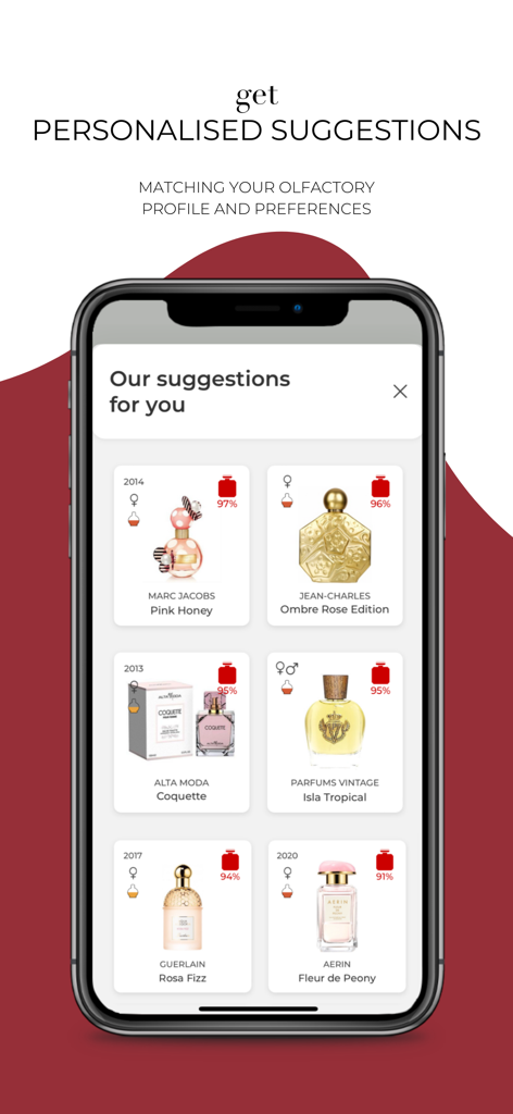 Um ecrã de aplicação móvel exibindo sugestões de perfumes personalizadas com pontuações de correspondência para diferentes fragrâncias