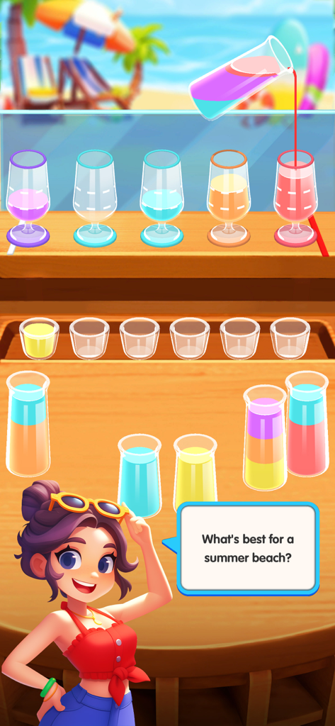Juice Craft - Water Jam Master - Juego de puzzle de clasificación de líquidos en Juice Craft con temática de playa de verano y personaje femenino