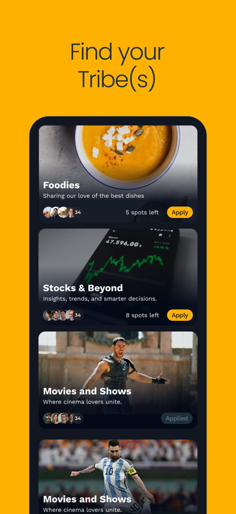 Tribe Chat - Find Your Tribe - Interfaz de Tribe Chat mostrando una lista de comunidades basadas en intereses para unirse