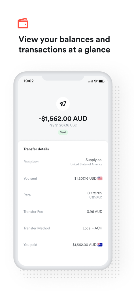 Airwallex - Airwallex app interface displaying international transfer details including currency exchange rate and local ACH payment method.