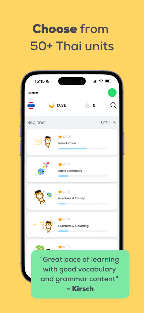 Ling - Learn Thai Language - Ling app interface showing a list of beginner Thai language units and a positive user review