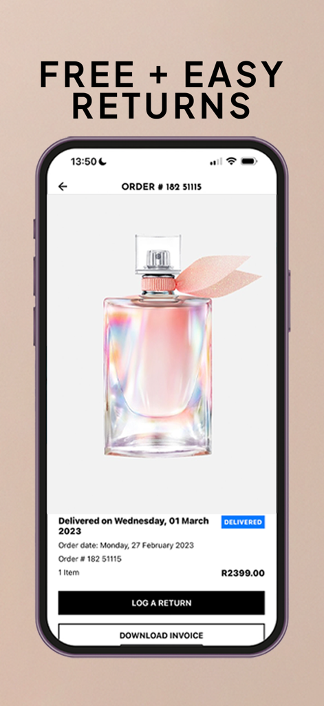 Superbalist | Fashion App - Écran d'application mobile montrant les détails de la commande avec un bouton pour enregistrer un retour pour un achat de parfum