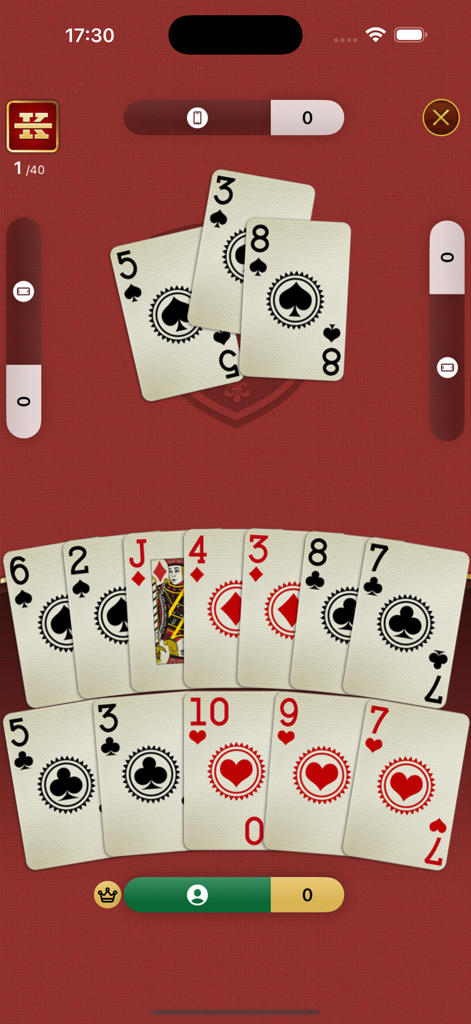 Jugabilidad móvil del juego de cartas King Online que muestra una mano de tomar trucos en una mesa roja