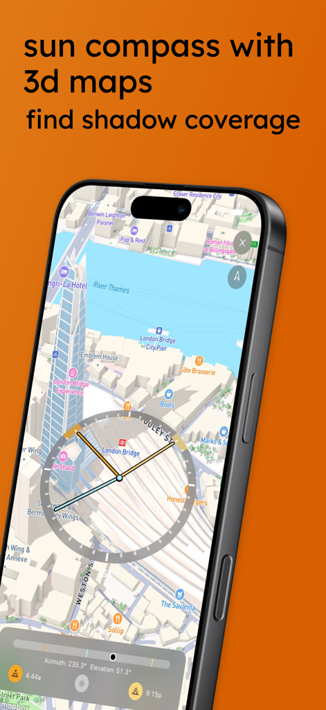 Daylight Goals Sunlight Timer - Sun compass interface with 3D maps and shadow coverage prediction on an iPhone.